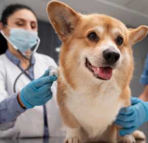 Veterinarian treating Corgi dog.